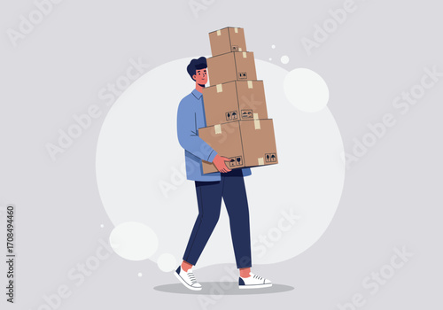 A man in a blue shirt and black pants is carrying a tall stack of cardboard boxes, against a light gray background with a white cloud shape, suggesting a delivery or moving scenario