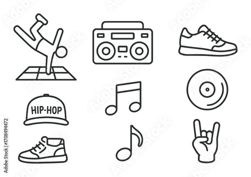 Hip-hop essentials: icon set featuring dance, music, and style symbols