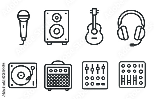 Music equipment icons: microphone, speaker, guitar, headphones, turntable, amplifier, mixer