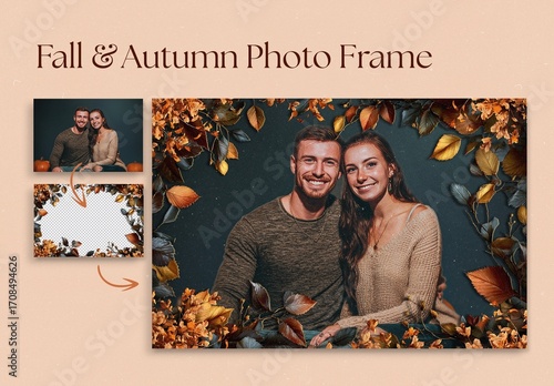 Autumn Fall Photo Frame Template with Leafy Border Overlay for Thanksgiving & Harvest Flyer, Invite