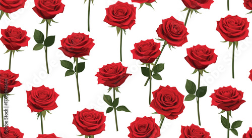 A vibrant pattern of red roses in full bloom arranged across a white background.