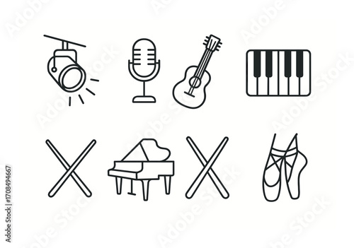 Musical instruments and dance elements icons: microphone guitar piano ballet spotlight