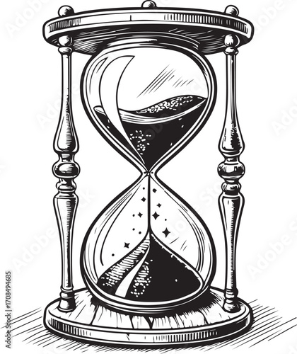 Hourglass, Time or Timeline, Turnaround or Urgency Vector Illustration, Sketch Drawing Line Linear Symbol Icon Engraving Coloring Book, Hand-drawn Doodle Black and White Isolated