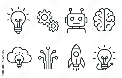 Futuristic technology icons: ai, innovation, brain, and rocket symbols on grayscale background