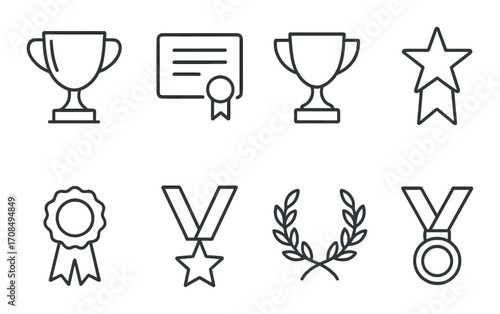 Award icons: trophies, medals, certificates, and ribbons on black background