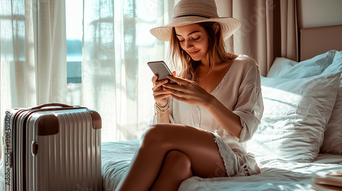 A young woman in a straw hat sits on a hotel bed with a suitcase next to her, holding a smartphone and smiling, enjoying her vacation and travel.