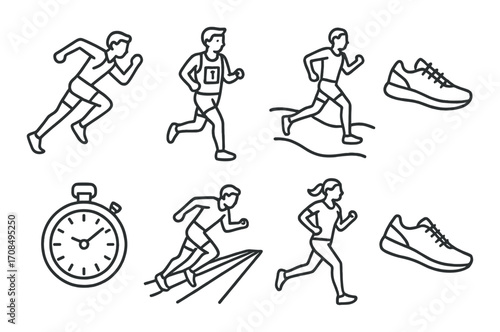 Outline illustrations of runners and running accessories on dark background