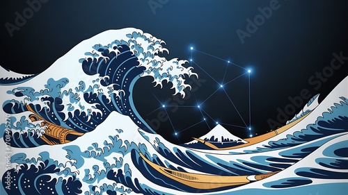 Fototapeta Naklejka Na Ścianę i Meble -  The great wave off kanagawa with connected stars modern japanese art style illustration