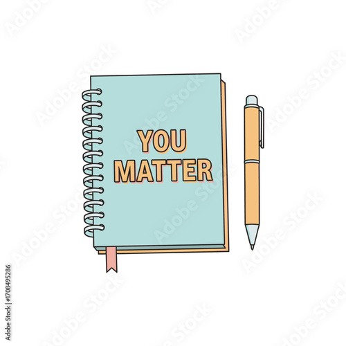 Inspirational notebook with the positive affirmation 'You Matter' and a pen. A concept of self-care, journaling for mental health, and self-love