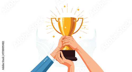 Celebrating a momentous victory with a gleaming golden trophy held high by triumphant hands.
