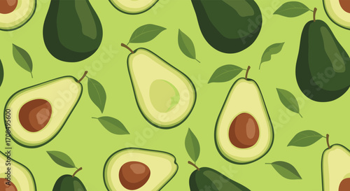 A vibrant seamless pattern of sliced and whole avocados on a light green background with small leaves scattered throughout.