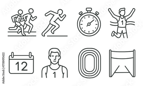 Athletic icons: running, stopwatch, finish line, calendar, track, hurdle