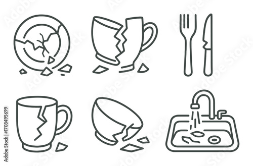 Outline of broken dishware and sink with running water on dark background