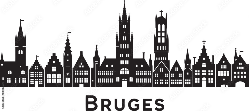 Fototapeta premium Detailed Bruges Cityscape Silhouette Vector Illustration Depicting Famous Landmarks and Architecture