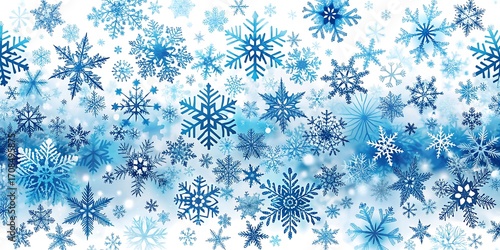 Abstract background of many blue snowflakes falling