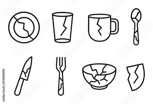 Broken dishware icons: plates, cups, utensils on dark background