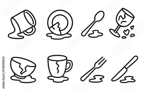 Outline of broken kitchenware with spilled liquid on dark background