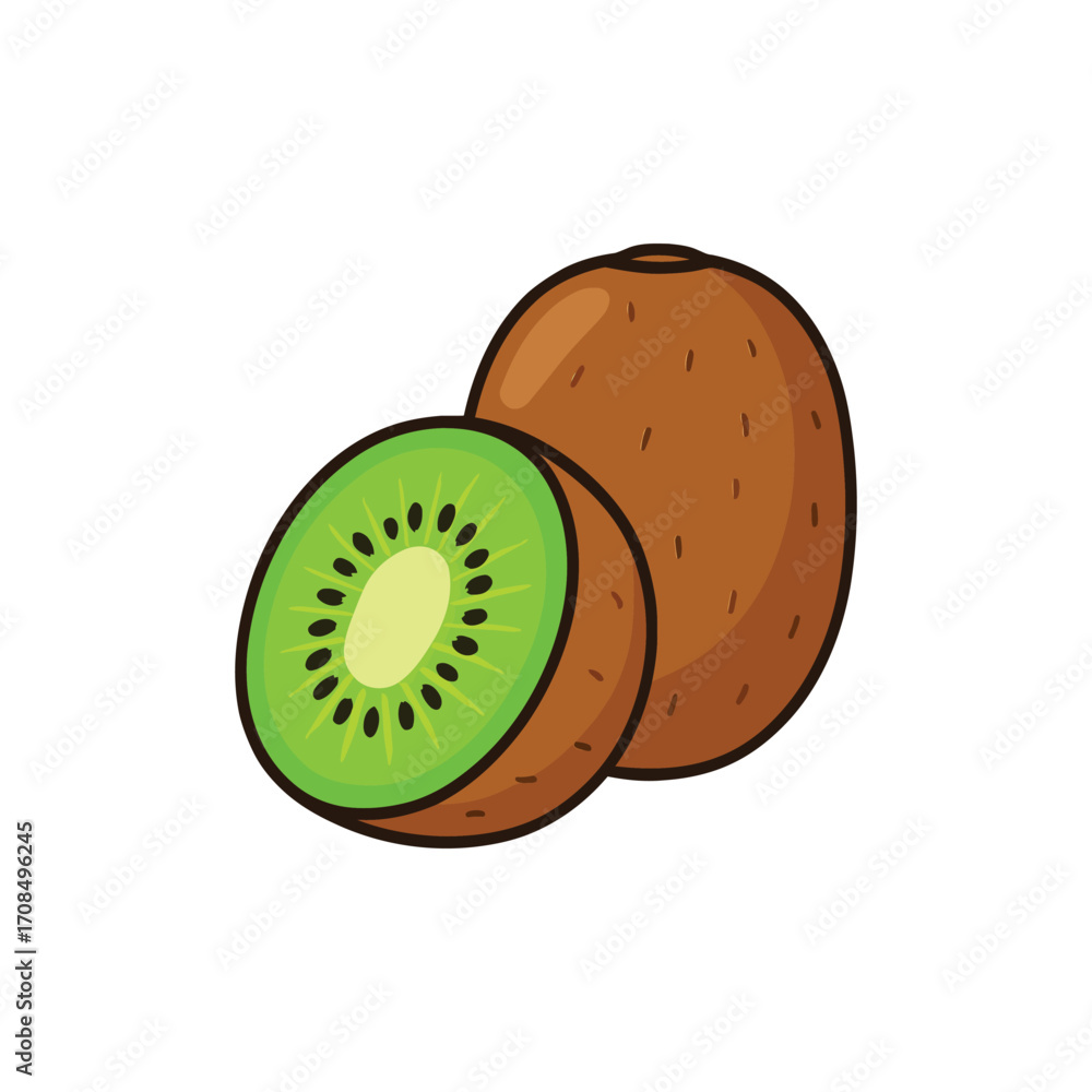 Obraz premium Cartoon Illustration of Whole and Sliced Kiwi Fruit