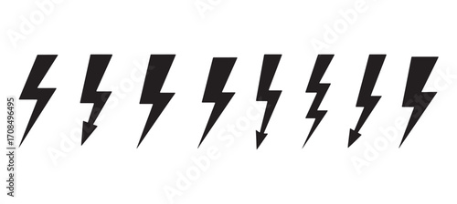 Collection of black lightning bolt icons with grunge texture