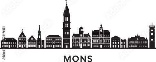 Detailed Mons Cityscape Silhouette Vector Illustration Depicting Famous Landmarks and Architecture