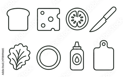 Icons of bread, cheese, tomato, knife, lettuce, plate, sauce bottle, and cutting board