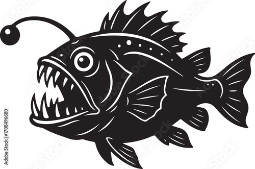 Deep-Sea Anglerfish Vector Illustration Black White Ocean Art