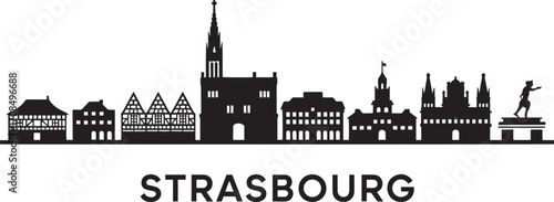 Detailed Strasbourg Skyline Silhouette Vector Illustration Depicting Cityscape and Landmarks in Black