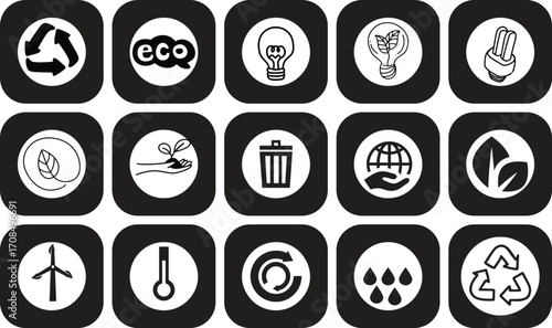Eco Technology and Sustainability Icons Set – Renewable Energy, Solar Power, Recycling, and Green Living Symbols”