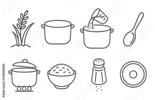 Rice cooking process icons: simplified steps for perfect rice preparation