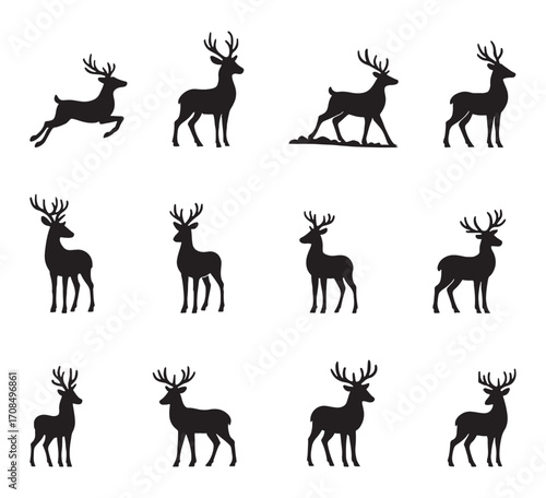 Collection of deer silhouettes in various poses for festive design