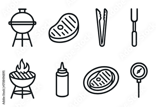 Grill icons set: bbq, utensils, steak, and sauce bottle on dark background
