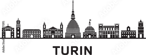 Detailed Turin Skyline Silhouette Vector Illustration with Famous Landmarks and Cityscape Outline Design