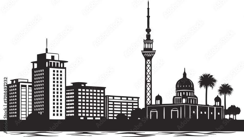 Fototapeta premium Vector art of city skyline with buildings, tower, and dome, featuring palm trees and a waterfront view in monochrome