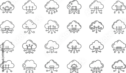 AI Brain, Neural Network, Robotics, Cloud Computing, Machine Learning, Data Science, Cybersecurity Shield, Chatbot, Voice Recognition, Digital Innovation and Technology Vector Collection