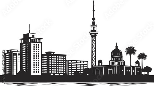 Vector art of city skyline with buildings, tower, and dome, featuring palm trees and a waterfront view in monochrome