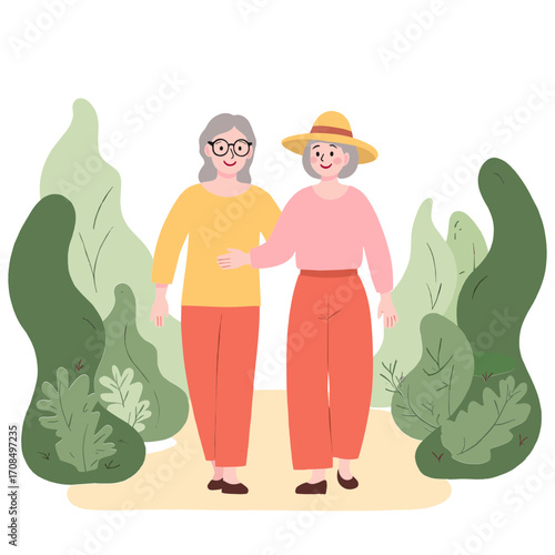 Senior women in garden. Elderly ladies enjoying flowers outdoors. Older women gardening together. Retired friends spending time in garden. Elderly set