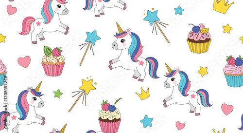 A whimsical collection of cute unicorns, magical wands, and delicious cupcakes with crowns.