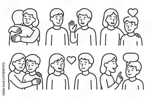 Cartoon characters illustrating emotions and interactions in black and white