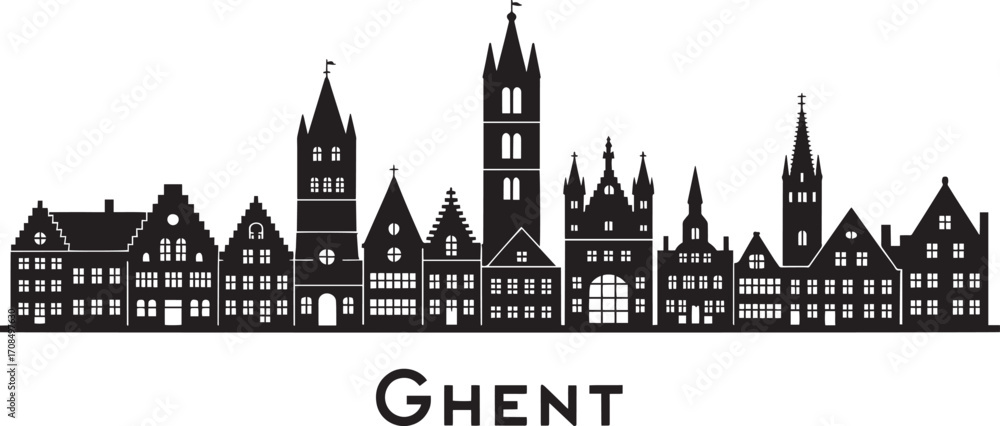 Fototapeta premium Ghent Skyline Silhouette Vector Illustration A Detailed Cityscape Depiction of Ghent Belgium's Architectural Landmarks