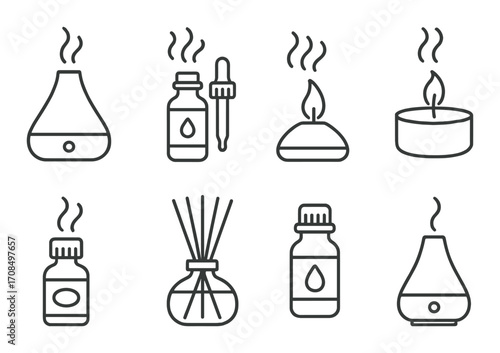Aromatherapy icons featuring diffusers candles and essential oil bottles on textured background