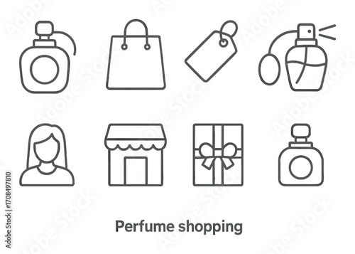 Outline icons of perfume shopping with gift box, bag, tag, female figure, and store