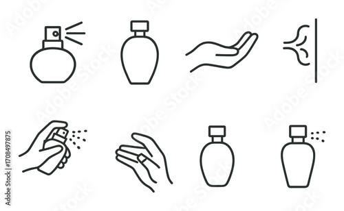 Minimalist perfume application icons illustrating scent disbursement and hand usage techniques