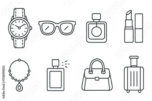 Luxury accessories set: watch, glasses, perfume, lipstick, necklace, handbag, luggage
