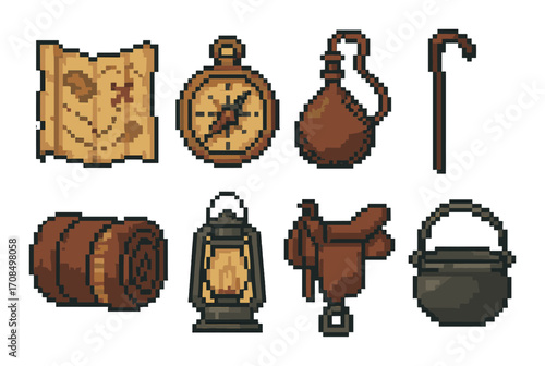 Vintage camping and adventure gear pixel art collection