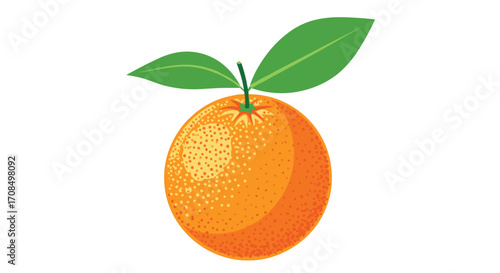 A vibrant close up illustration of a fresh juicy orange with two green leaves.