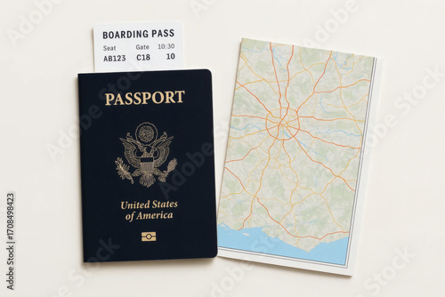 Passport boarding pass and map