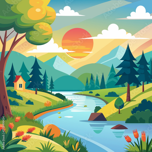 Serene riverside landscape with vibrant colors and a cozy cabin nestled among towering trees, creating a peaceful atmosphere for nature lovers and outdoor enthusiasts, perfect for travel inspiration