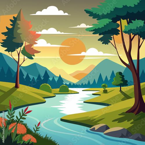Stunning cartoon river landscape at sunset with lush trees and distant mountains creating a peaceful, idyllic scene perfect for nature lovers and outdoor enthusiasts, originally vector