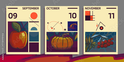 Autumn calendar in avant-garde style, hand drawn with cubism elements apple, pumpkin, rowan berry bunch. Vector poster template a4 size with abstract geometry for print, cover, banner, social media.