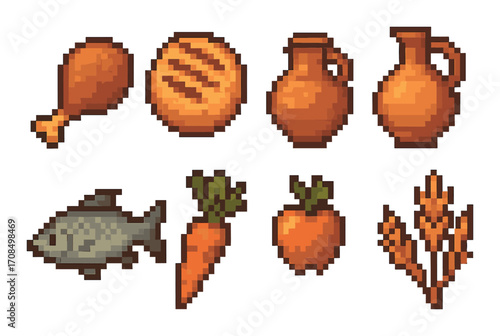 Pixel art food and drink icons with fish, vegetables, bread, and jugs